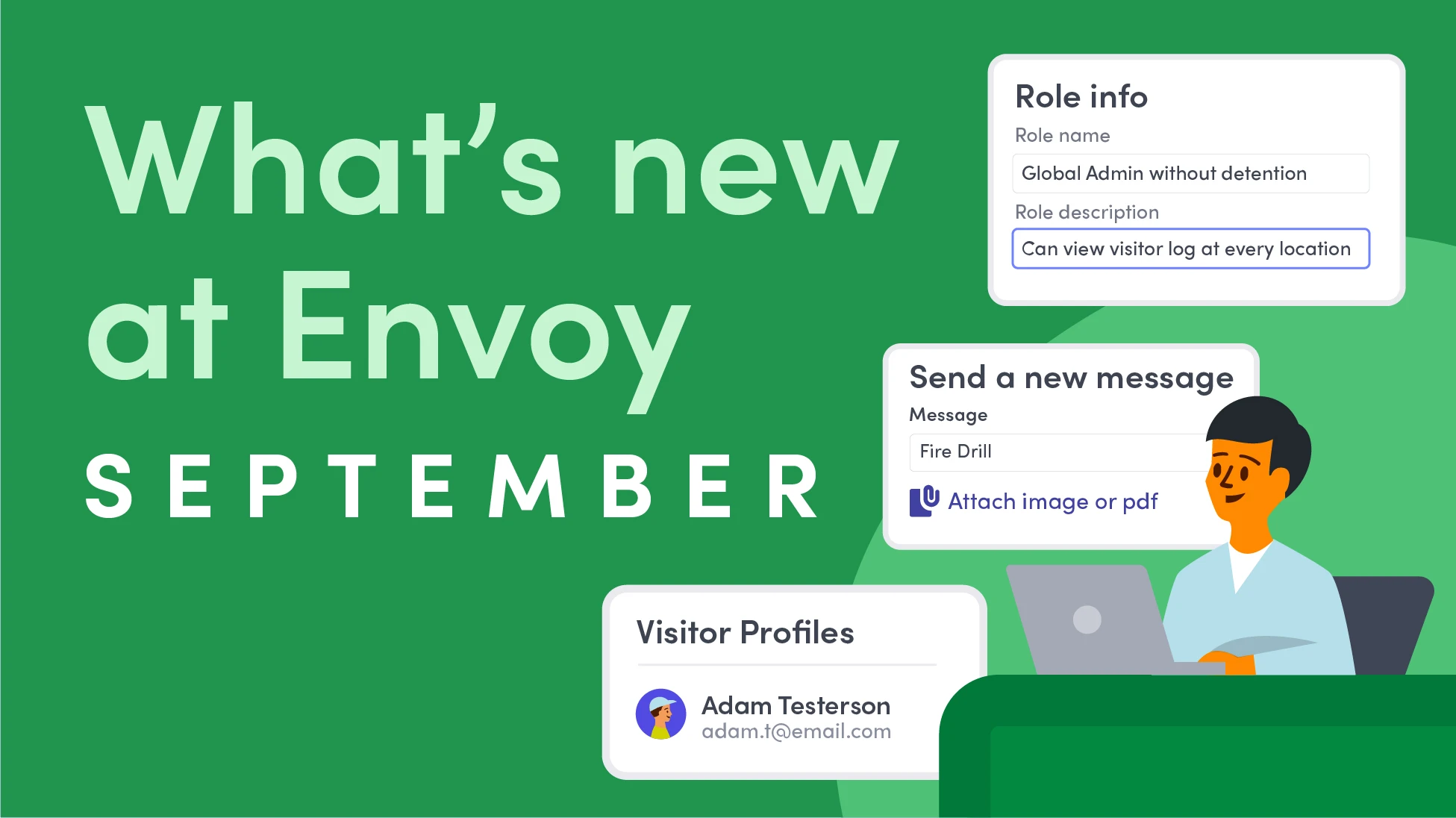 An illustration of a front desk attendant surrounded by examples of product updates