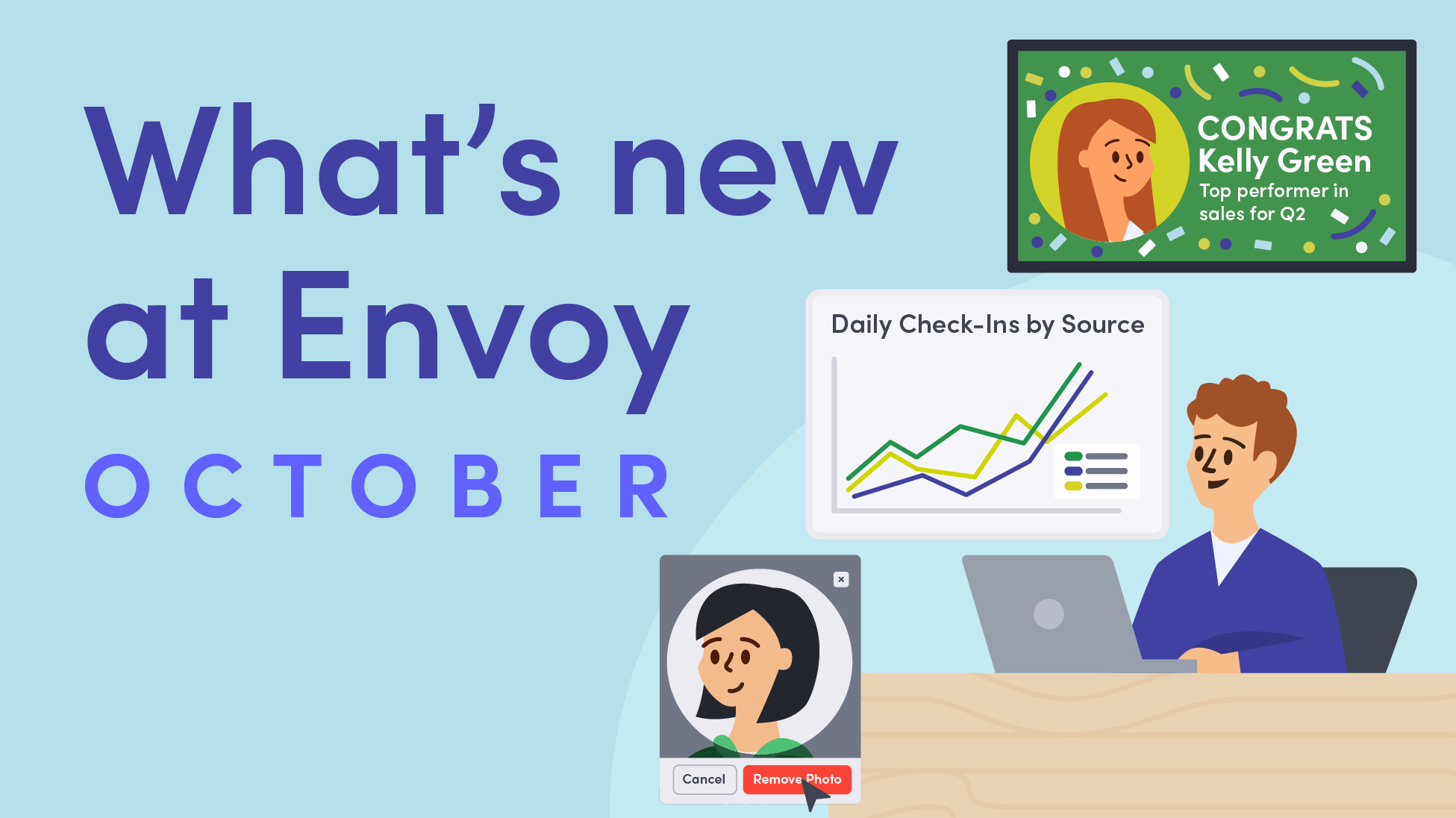 A workplace admin at their desk and the text "What's new at Envoy—October"