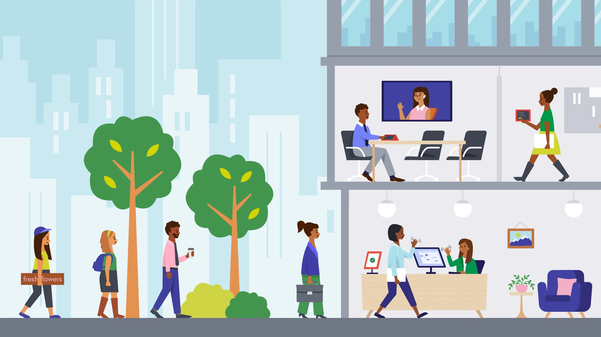 Illustration of an office full of people