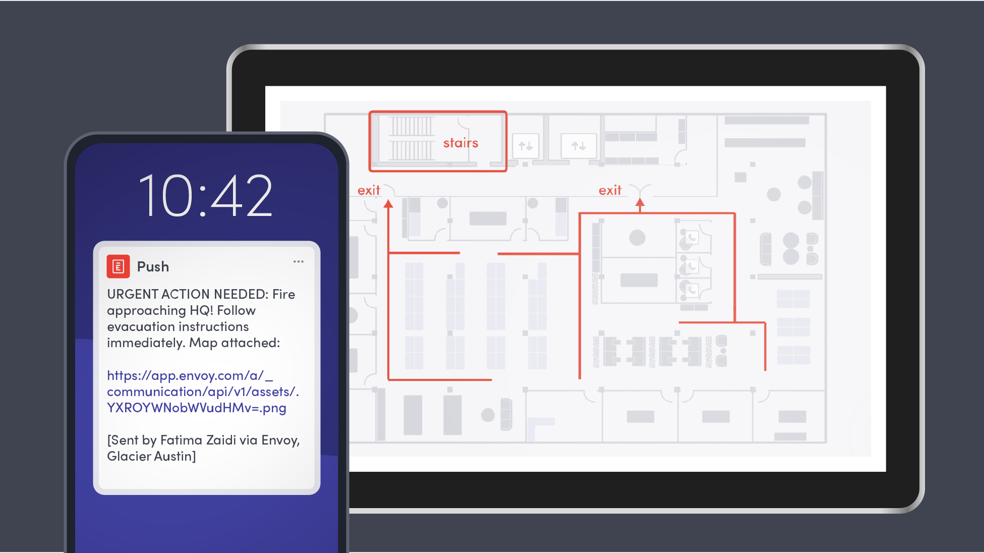Sample emergency notification for urgent weather threat including evacuation map; message says “URGENT ACTION NEEDED: Fire approaching HQ! Follow evacuation instructions immediately.”