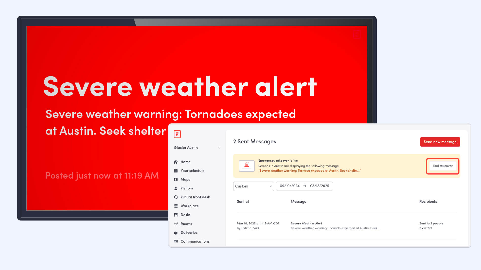 An example of an emergency message appearing on an Envoy Screens takeover