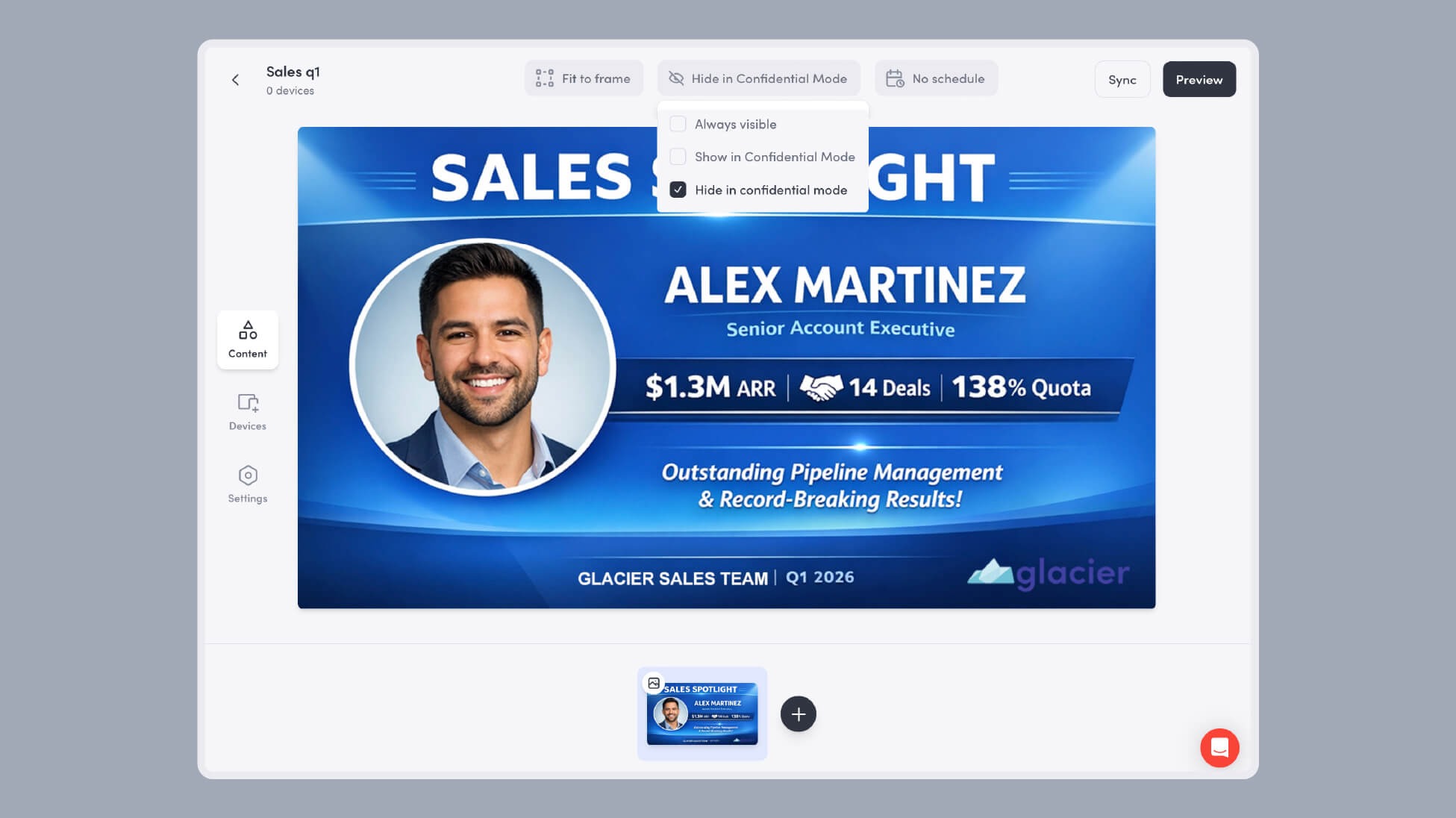 Sales spotlight slide showing Alex Martinez with $1.3M ARR, 14 deals, 138% quota met in Q1 2026.