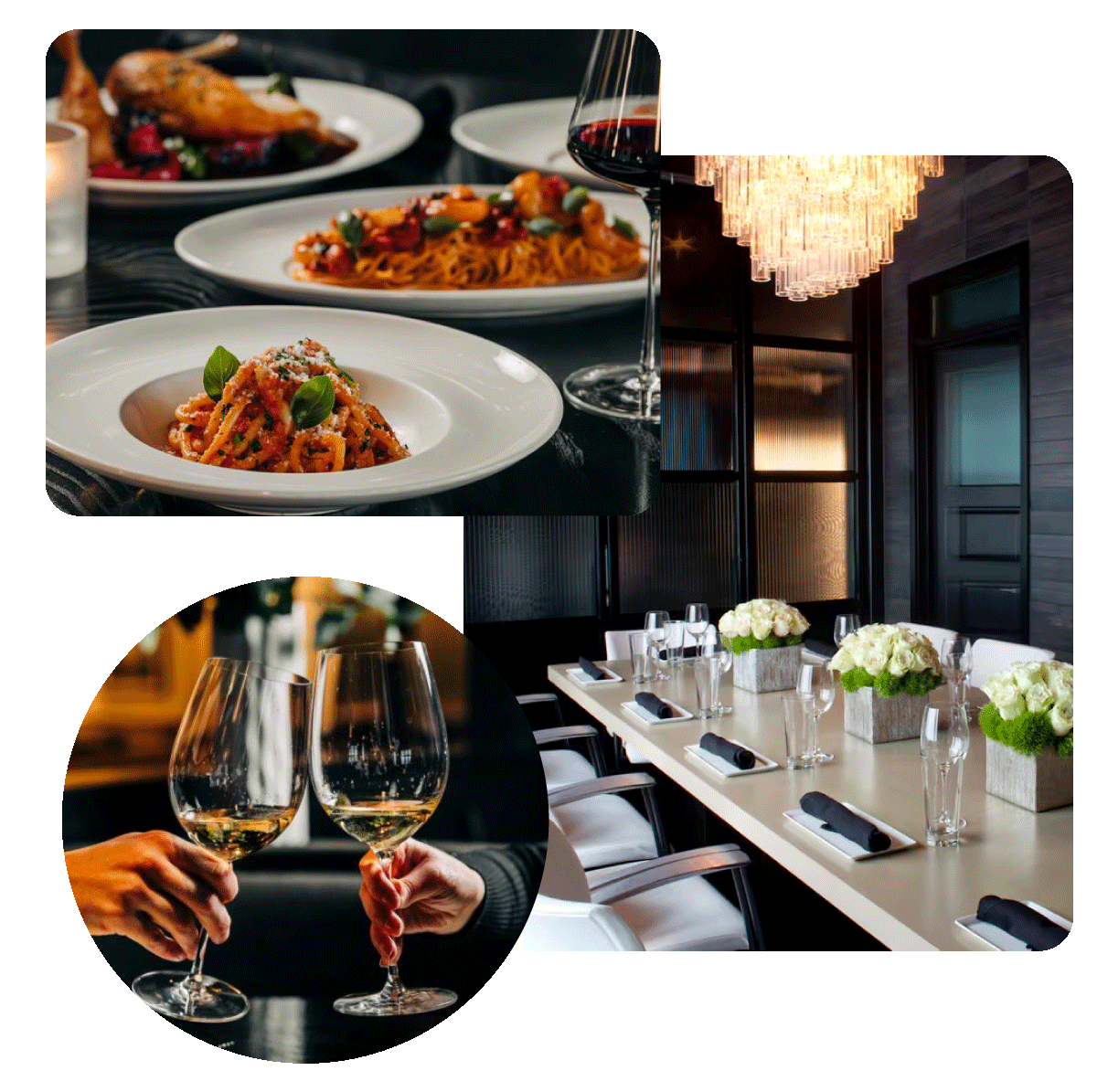 Plated gourmet pasta dishes, hands clinking white wine glasses, and a decorated dining table with flowers.