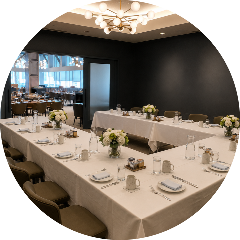 U-shaped table setup with white tablecloths, floral centerpieces, and place settings in a conference room.