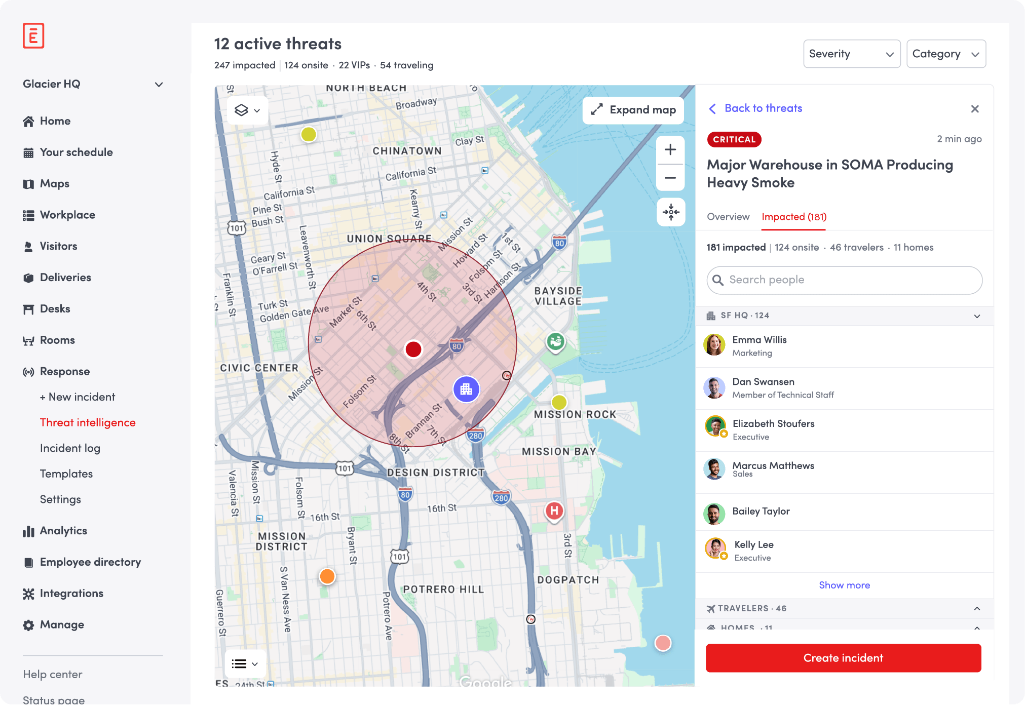 Envoy Response Threat Dashboard — global map view with active threat pins across multiple sites
