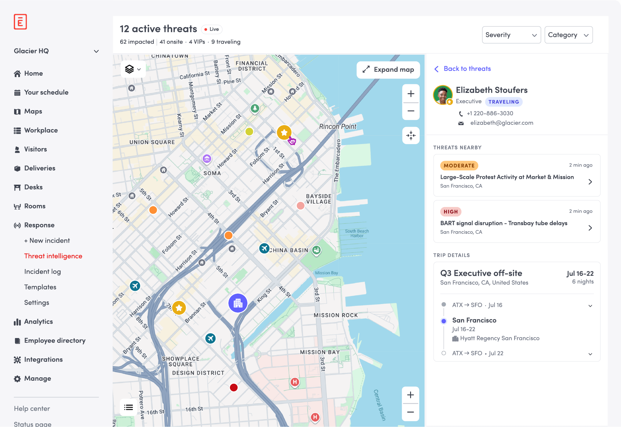 Envoy Response Threat Dashboard — global map view drill down of a threat risk currently in the area of an executive traveling