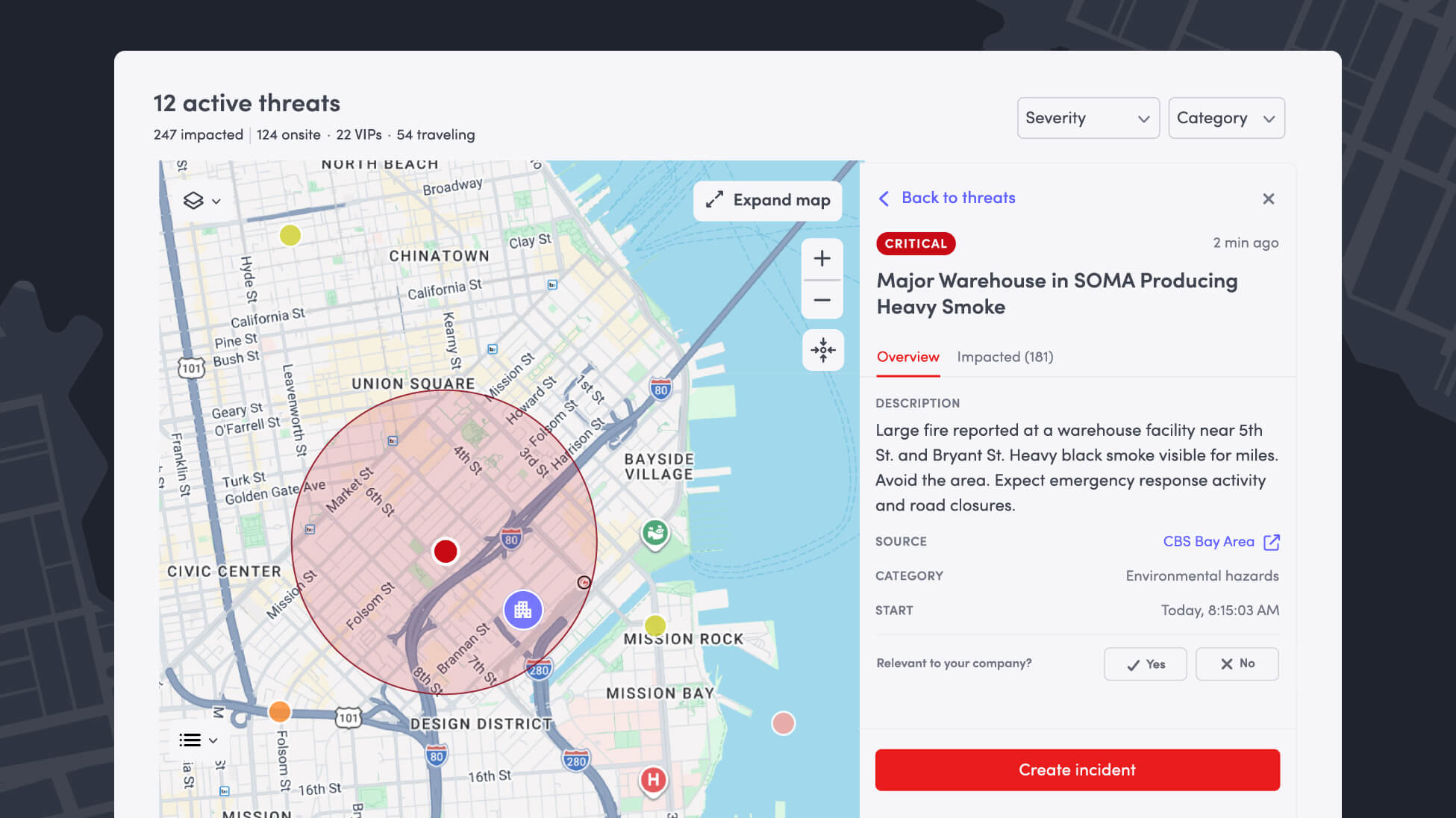 Image of a map showing active threats, with one being detailed on the right