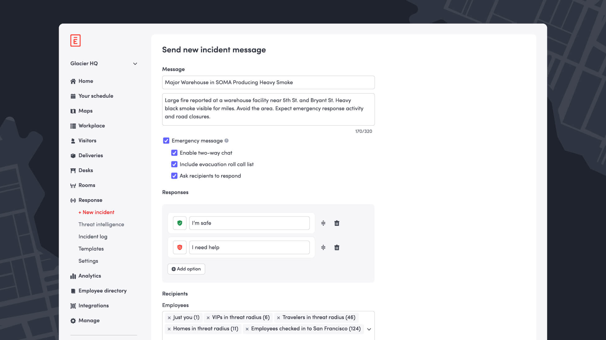 Emergency notification composer with a prefilled warehouse fire message, response options, and recommended recipients based on real-time presence data.