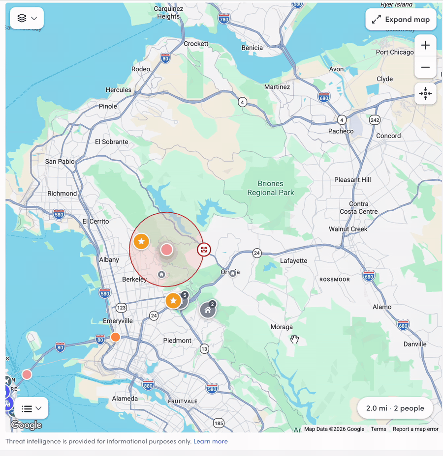 Map showing Berkeley area with icons marking locations, highways, and parks including Briones Regional Park.