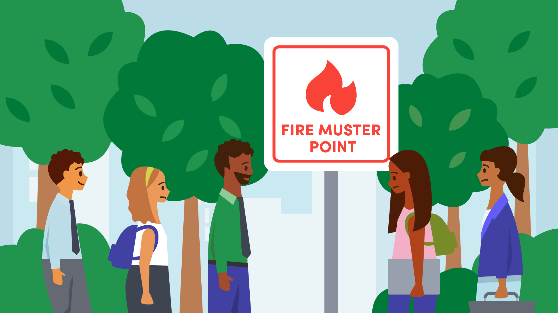 Illustration of employees meeting at a muster point sign