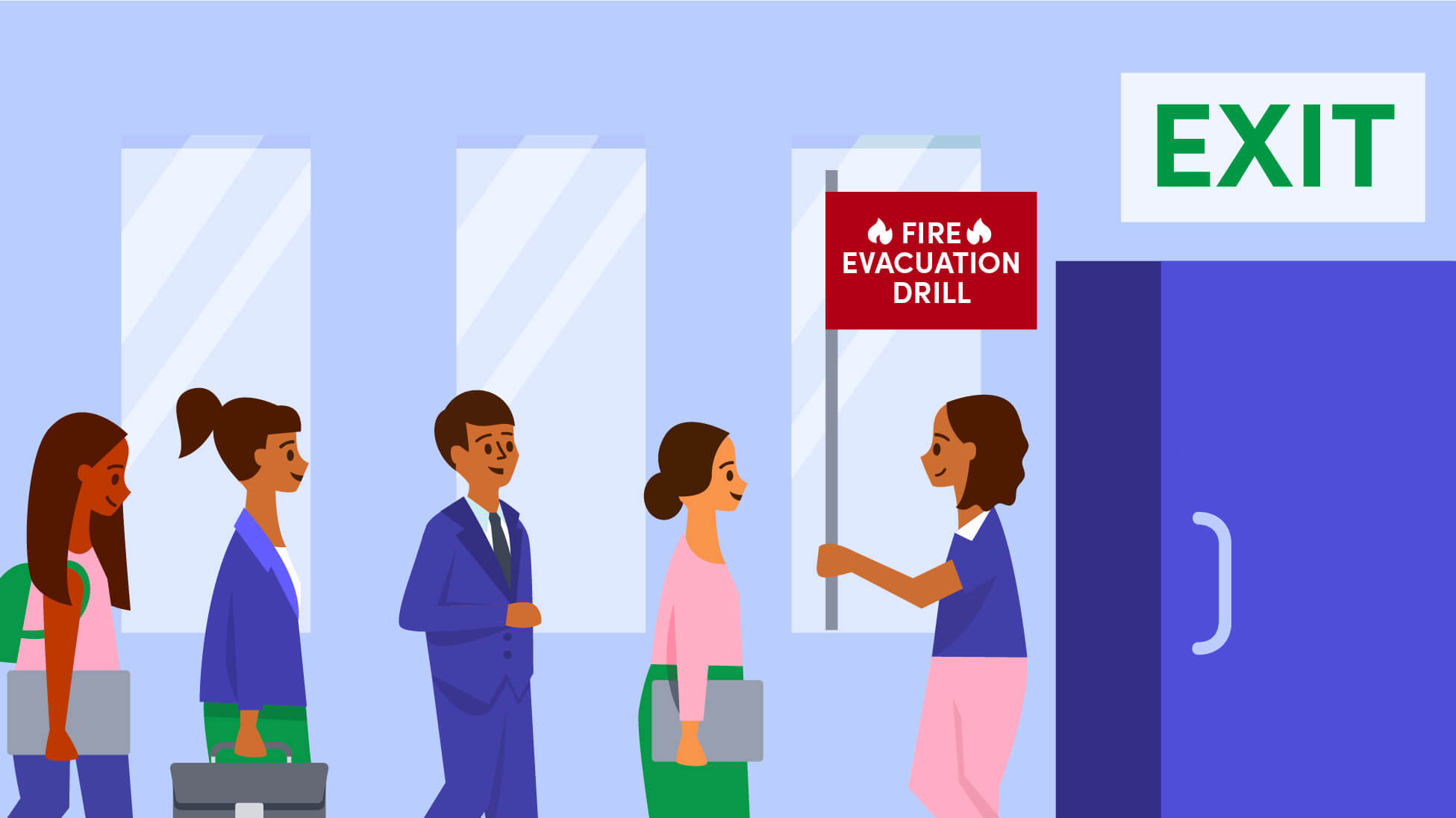 An illustration of people in a building facing an exit and someone holding a flag that reads 