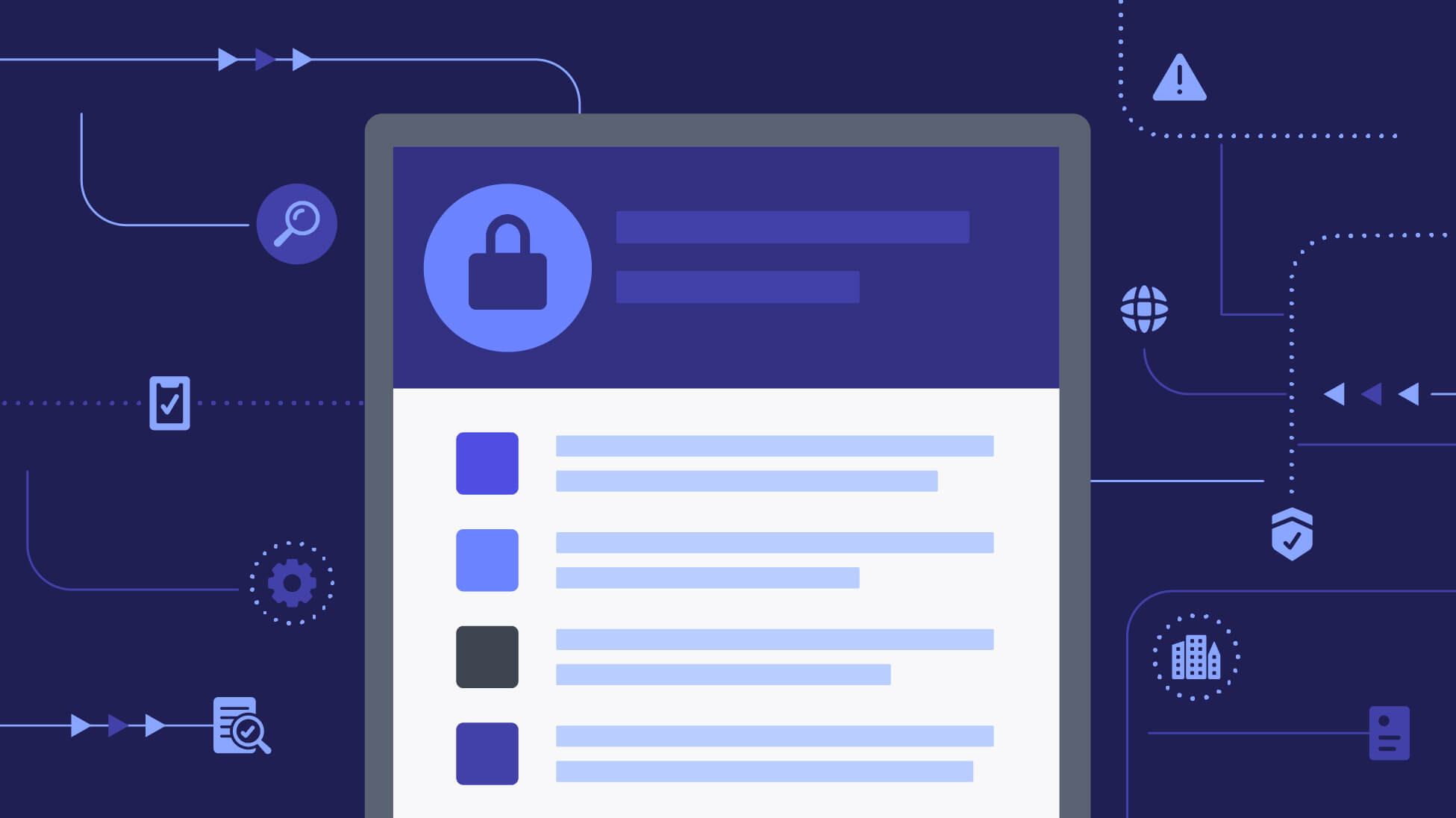 Envoy physical security illustration showing a digital access record surrounded by security, compliance, and workplace icons.
