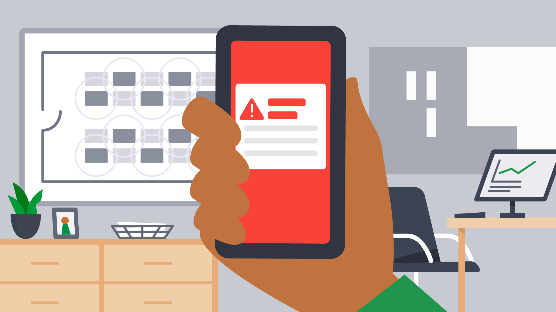 An illustration of a hand showing an emergency alert on a mobile device