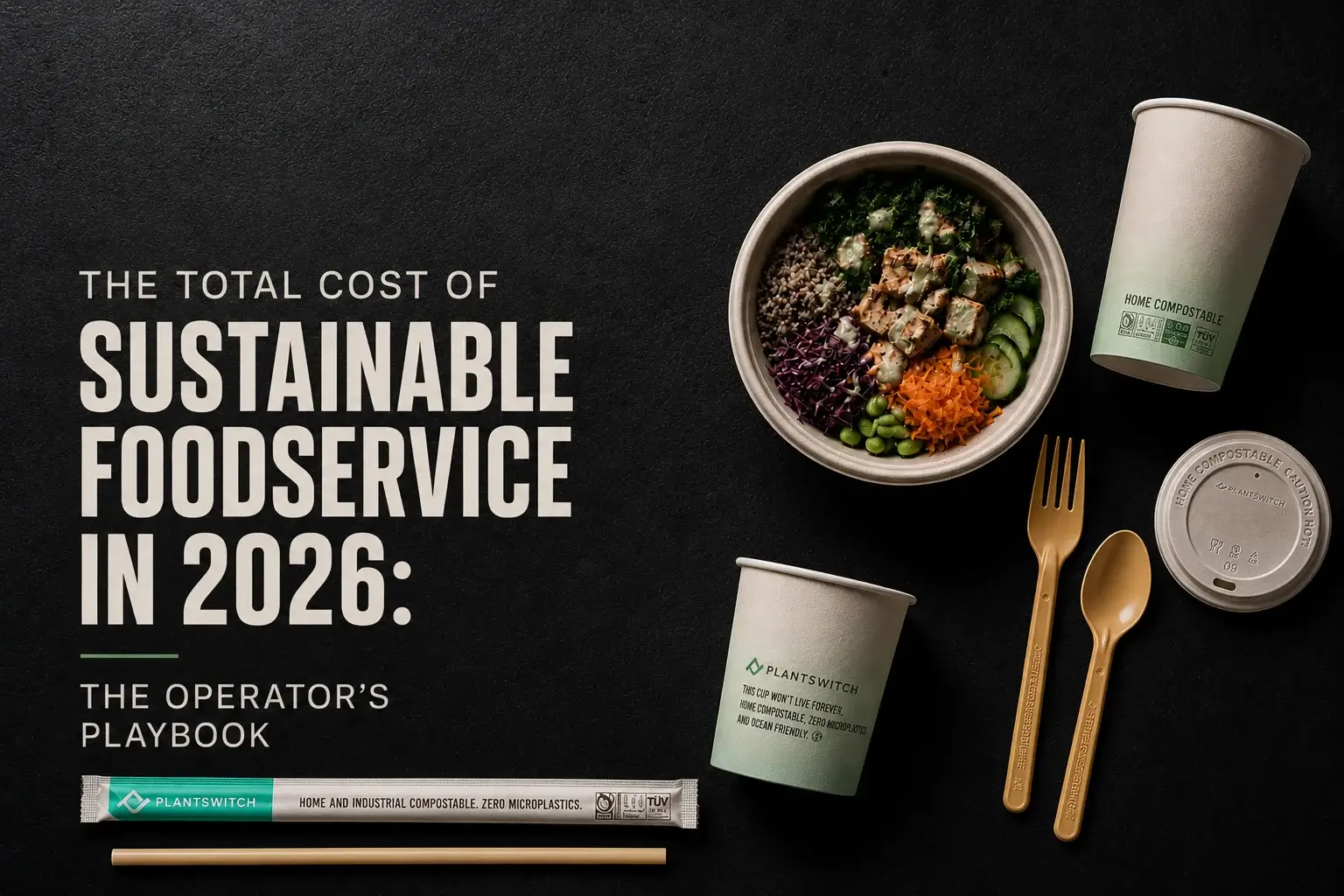 Overhead view of compostable foodservice packaging including bowls, containers, cups, and cutlery arranged around a fresh food bowl on dark surface
