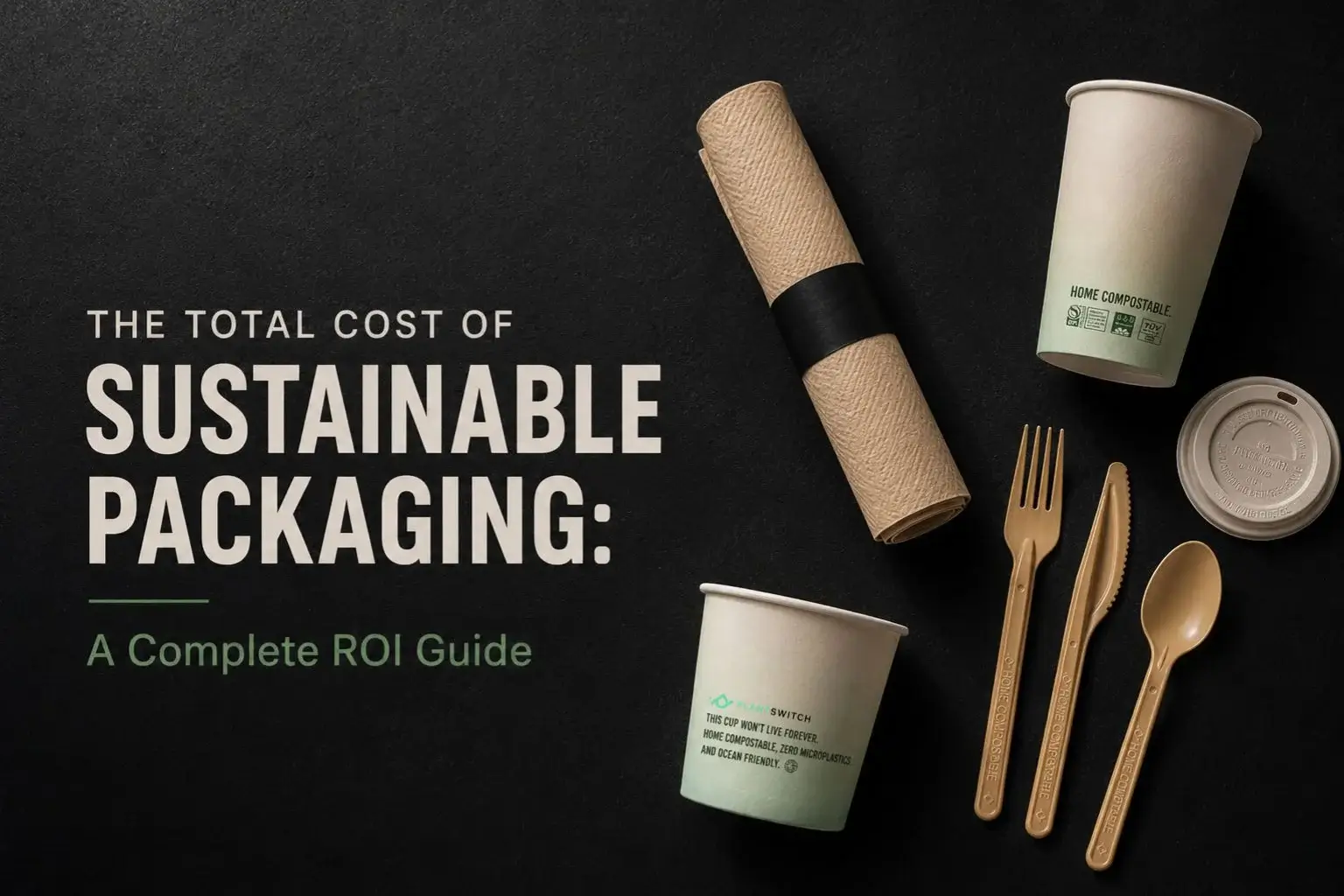 Compostable foodservice packaging including cups, clamshell containers, and lids arranged on dark surface illustrating sustainable packaging cost and ROI considerations