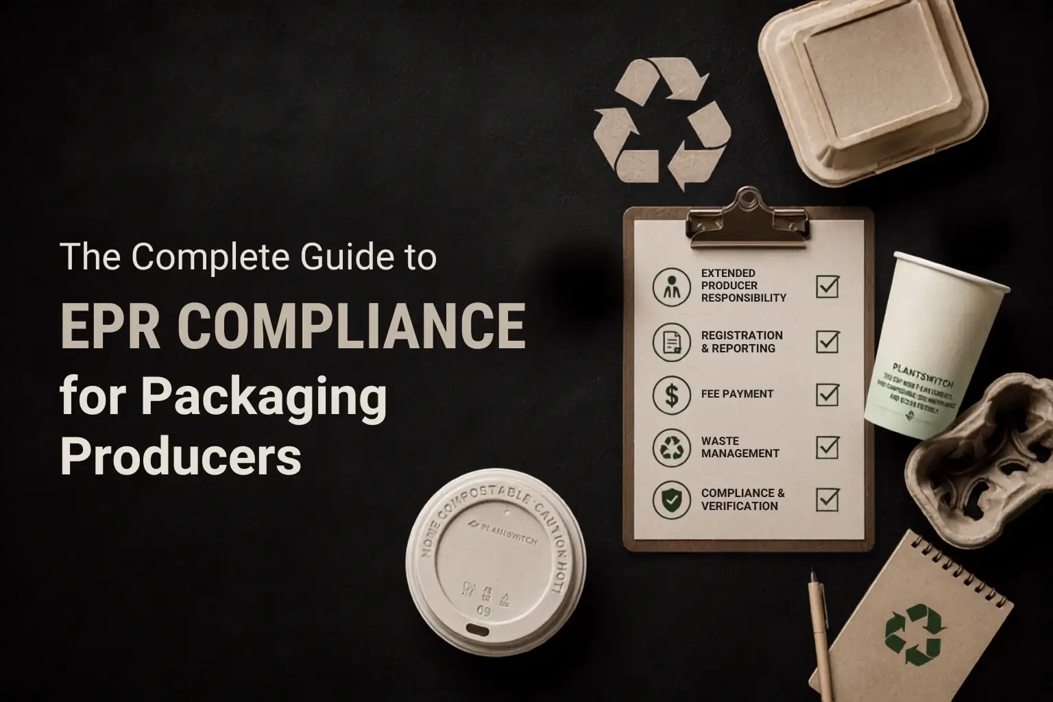 Checklist of EPR compliance requirements for packaging producers including registration, fee payment, and waste management alongside compostable foodservice packaging