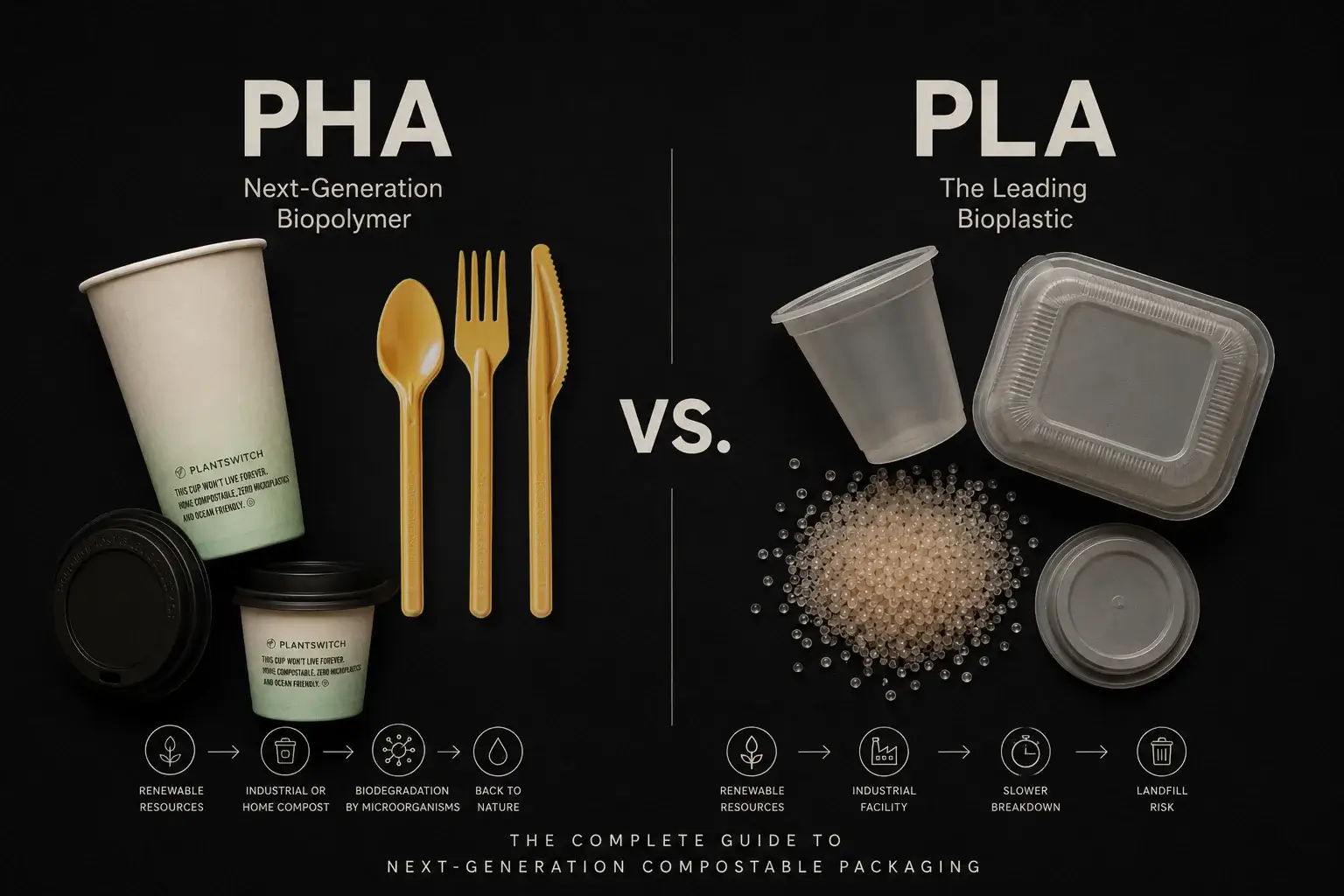 Side by side comparison of PHA and PLA biopolymer granules with compostable foodservice packaging on dark surface