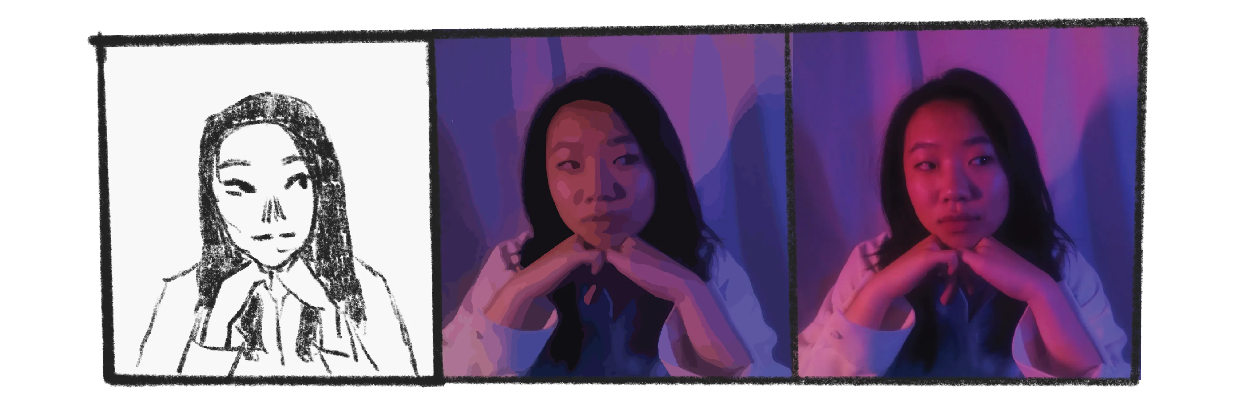 Girl with head in hands transitioning from cartoon-style to realistic