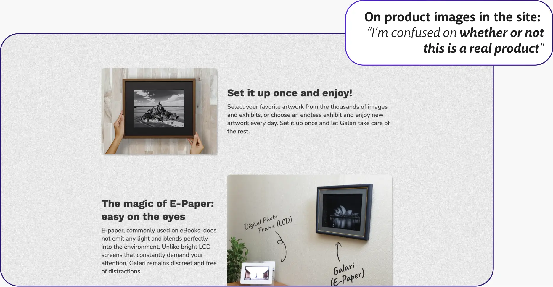 Galari screen preview with the caption "On product images in the site: 'I'm confused on whether or not this is a real product'" 