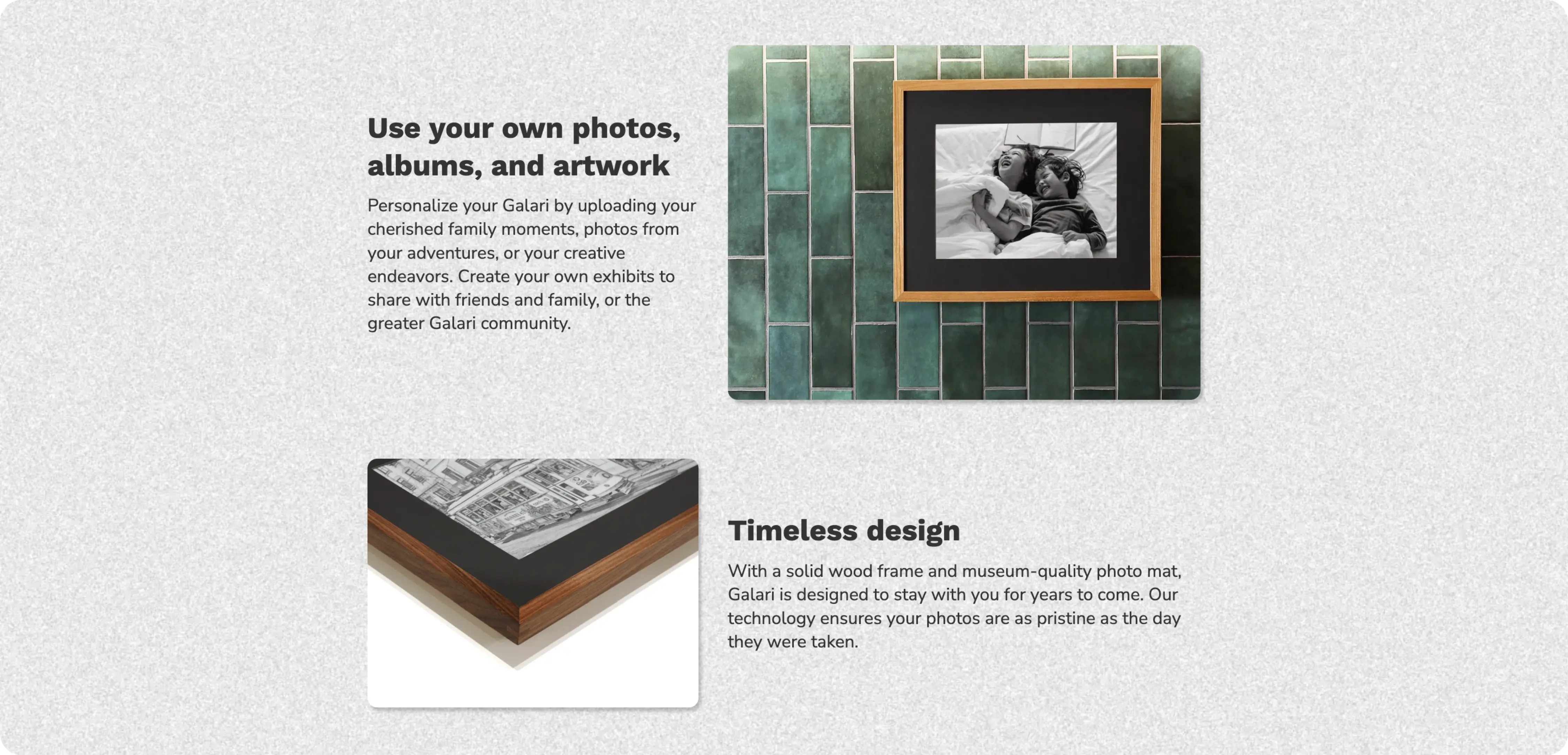 Screen preview of Galari site with "Use your own photos, albums, and artwork" and "Timeless design" sections