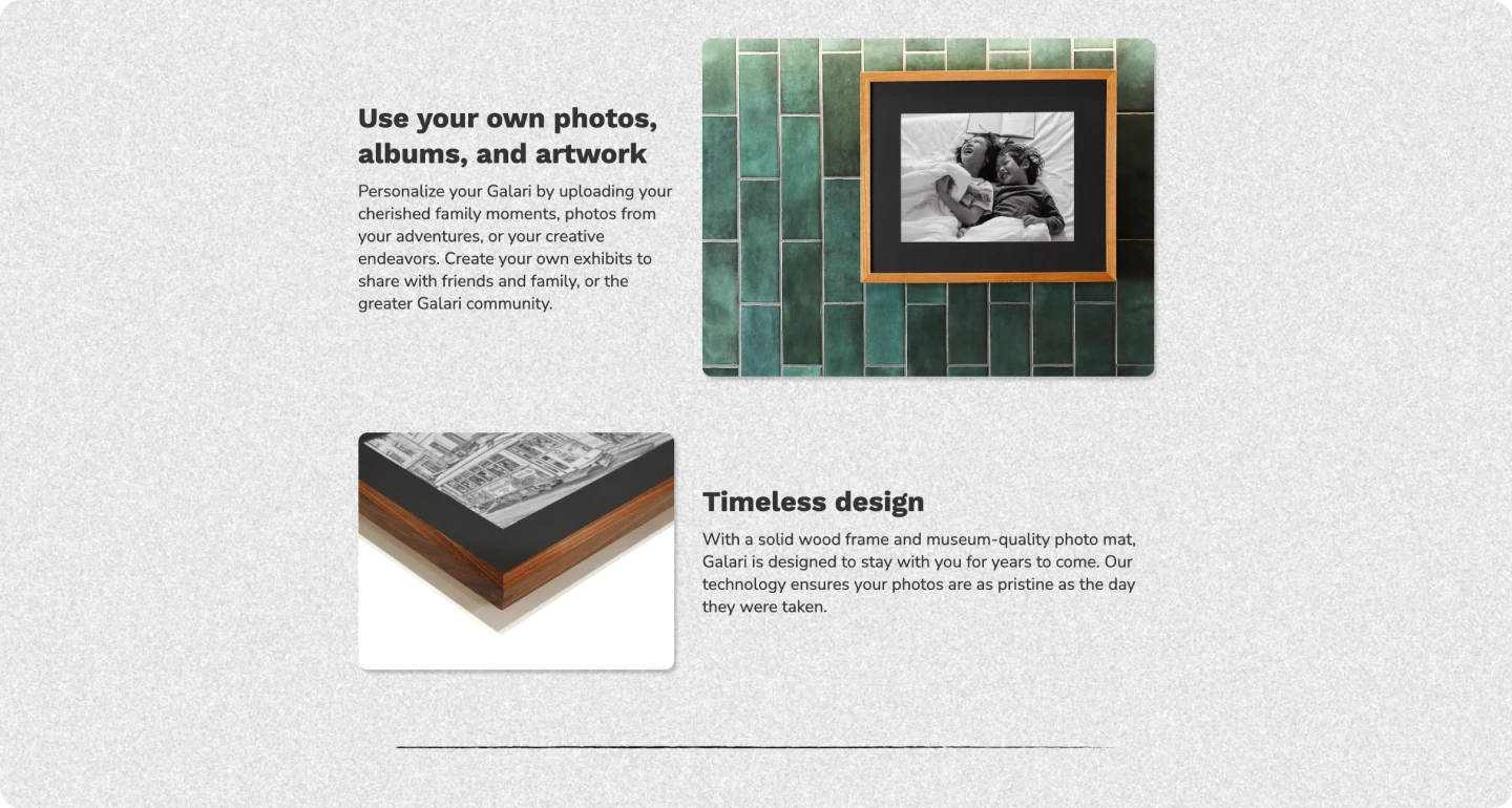 Screencap of the "Use your own photos" and "Timeless design" sections on the Galari site's building blocks