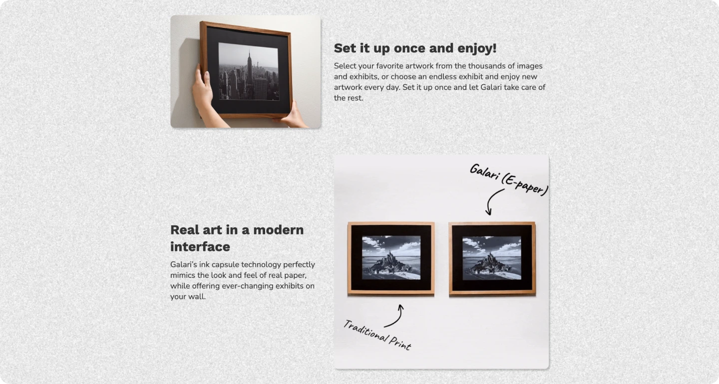 Screencap of the "Set it up once" and "Real art in a modern interface" sections on the Galari site's building blocks