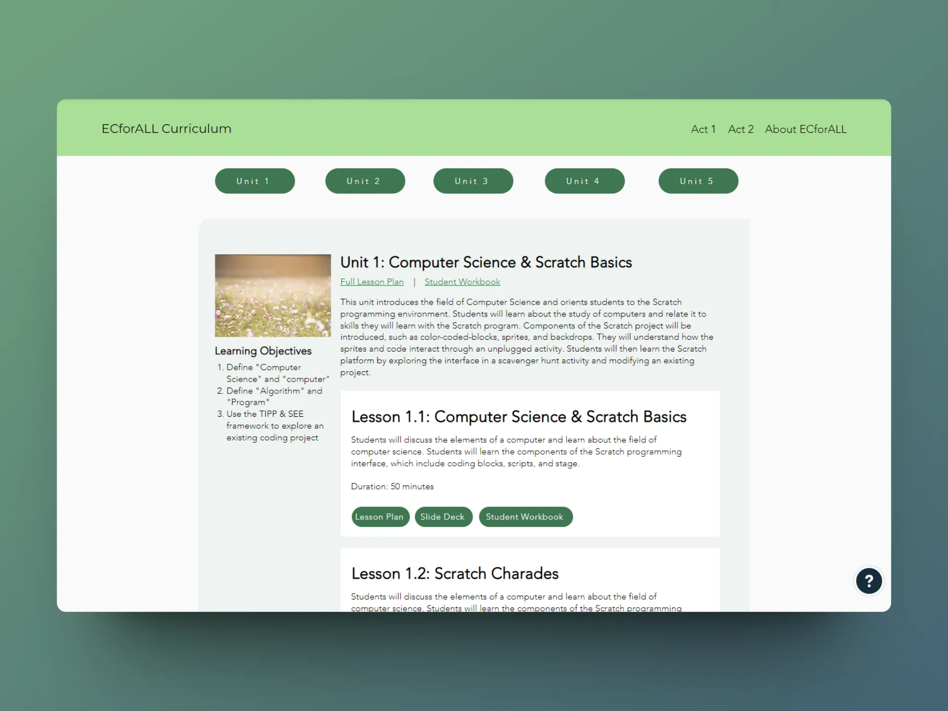 Mid-fidelity web prototype of specific curriculum's unit, with accordion open showing resources