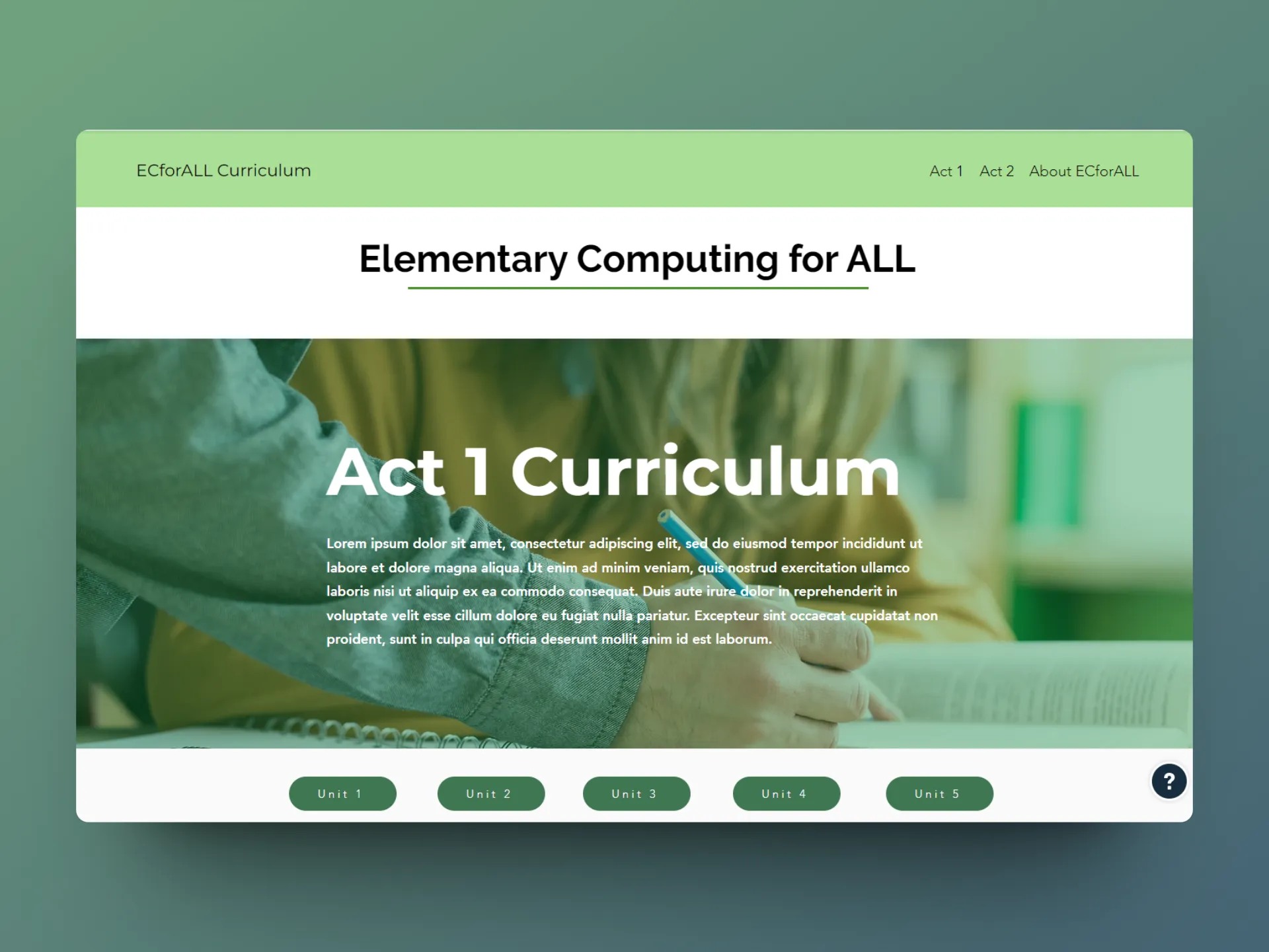 Mid-fidelity prototype of curriculum website's landing page