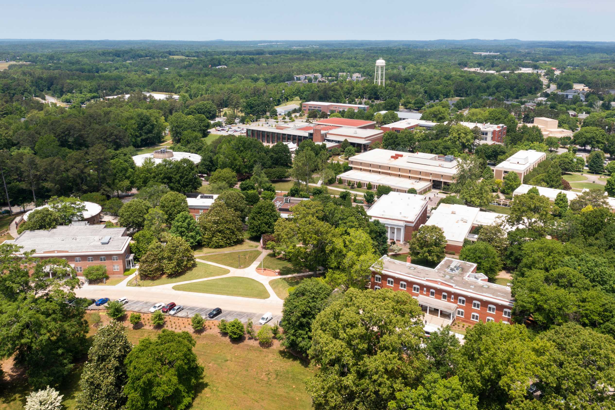 Birdseye view of University of West Georgia campus buildings and greenery.