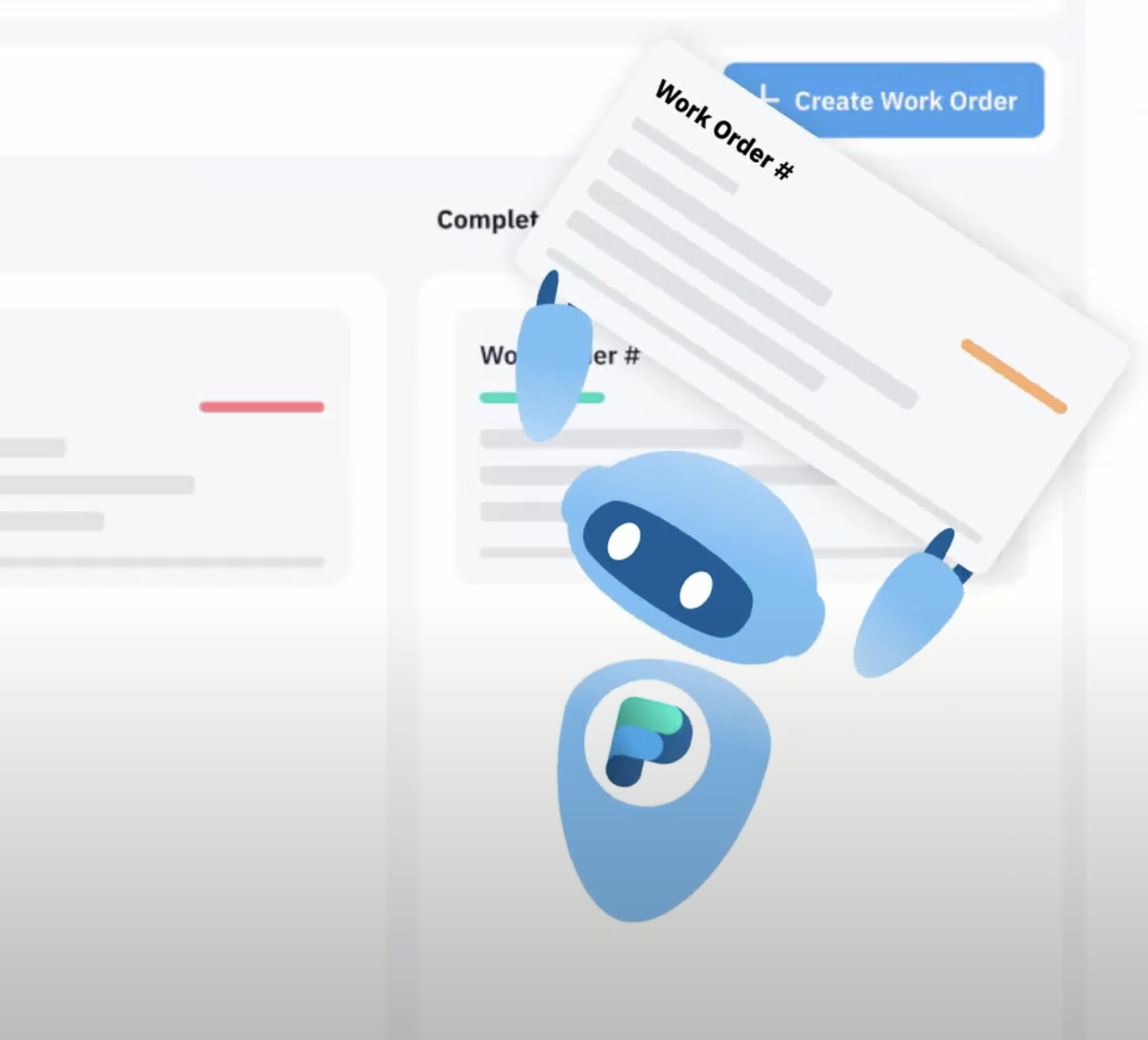 FlowPath AI Assistant showing work order management with voice input and AI diagnosis capabilities
