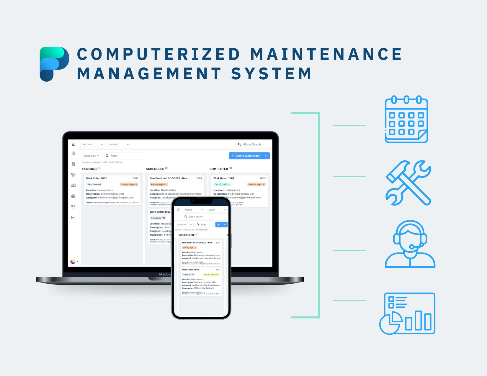 FlowPath CMMS platform showing work order management, asset tracking, and reporting capabilities for maintenance budget data.