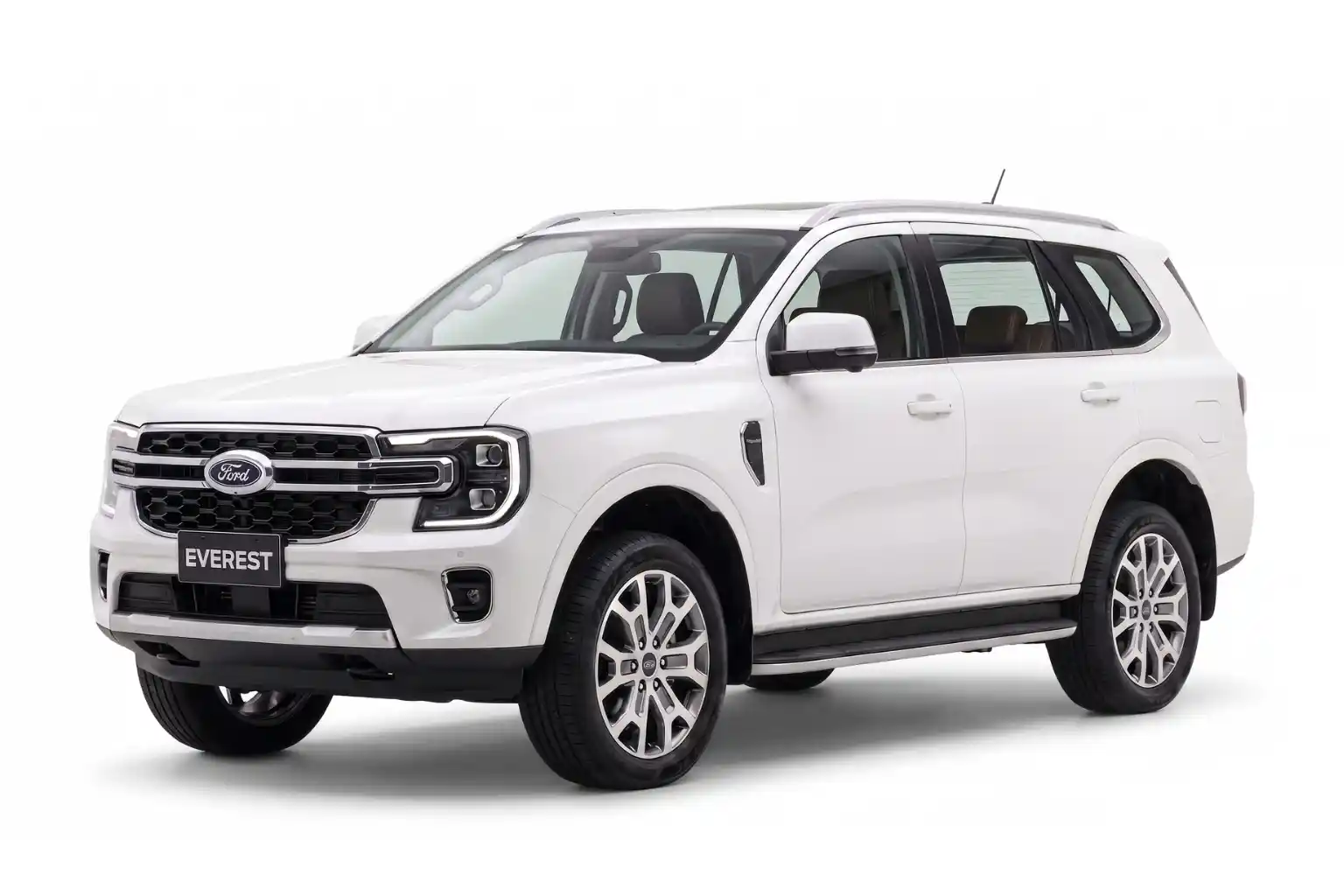 White Ford Everest SUV shown from front right angle on white background.