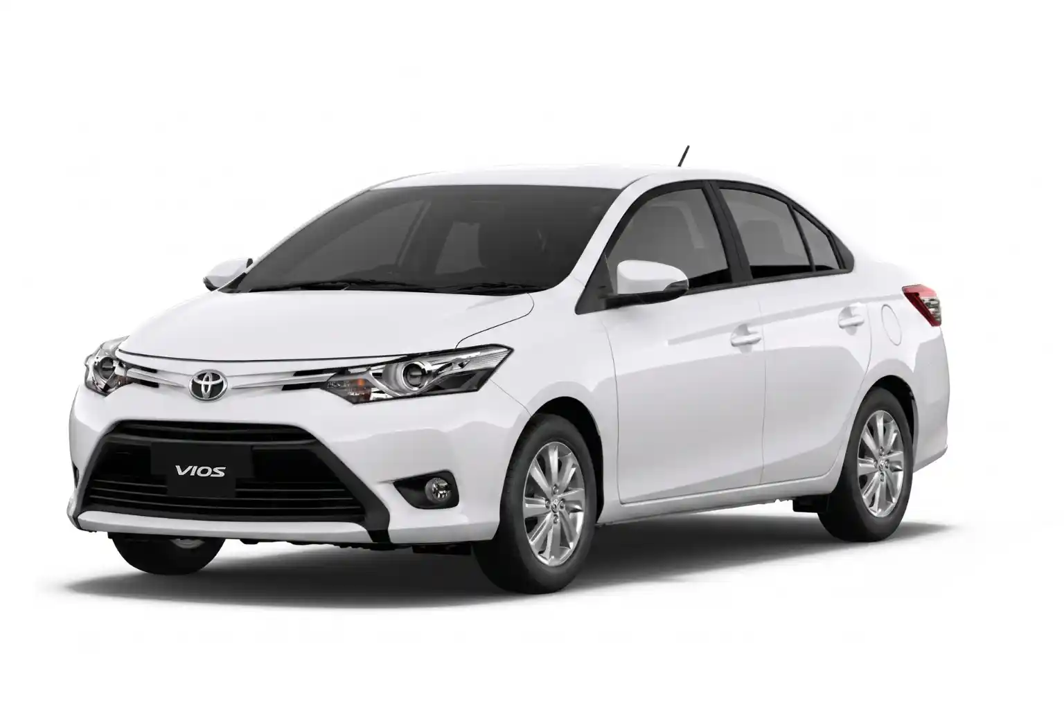 White Toyota Vios compact sedan shown from front and side angle on white background.