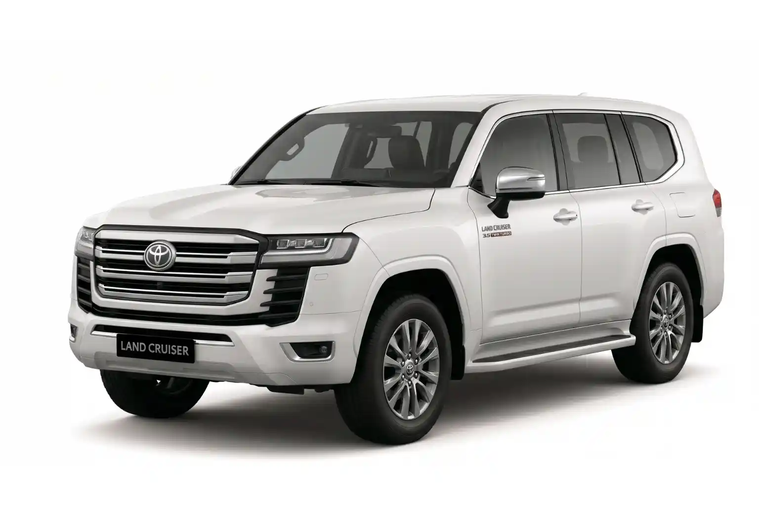 White Toyota Land Cruiser 3.5 Twin Turbo SUV angled left on white background.