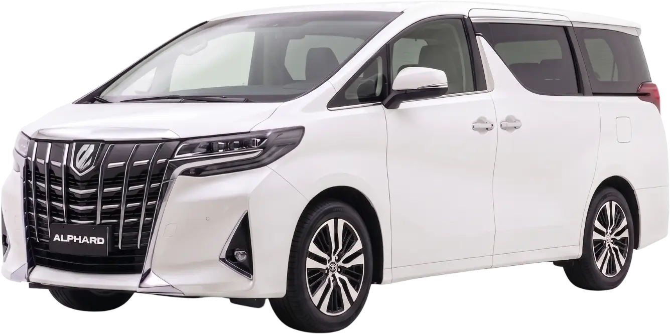 White Toyota Alphard minivan shown from the front-side angle with large grille and stylish headlights.