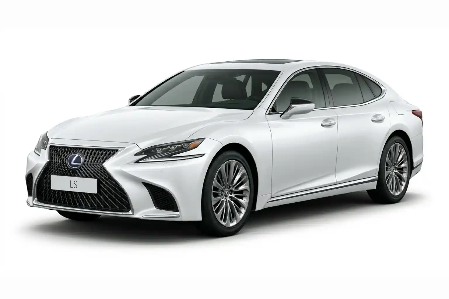 White Lexus LS luxury sedan shown from front side angle on a white background.