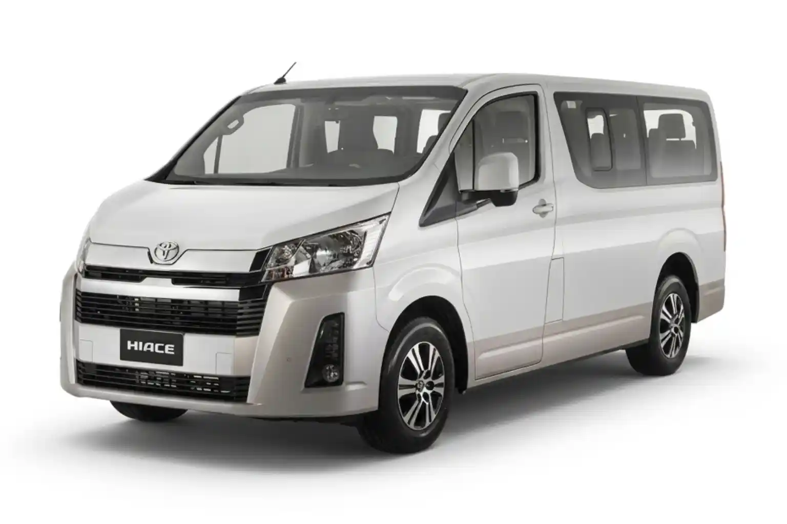 Silver Toyota Hiace passenger van angled to show front and right side on white background.