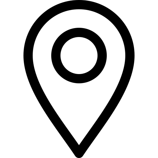 Black map pin location icon with a circular hole in the center on a white background.