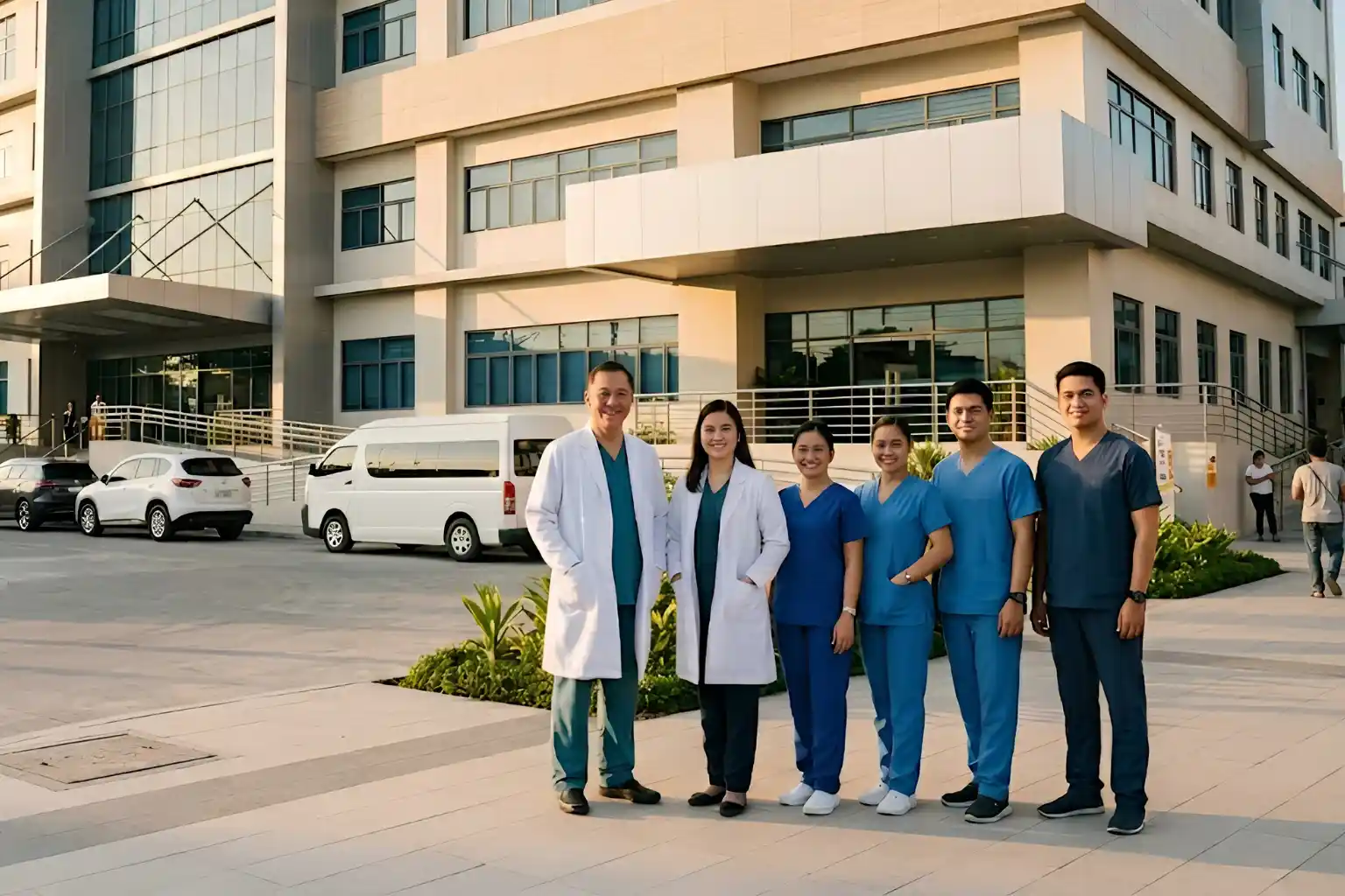 Group of six healthcare professionals standing outside a modern medical building smiling at camera.
