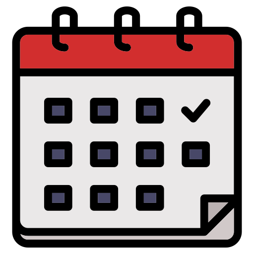 Calendar icon with a red top and a checkmark on one of the dates.