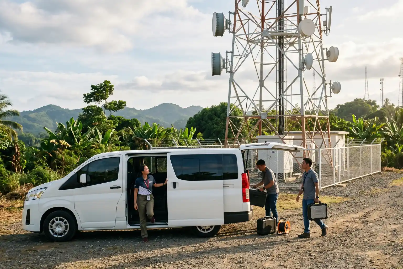 Three workers with equipment near a white van and a communication tower in a rural area.