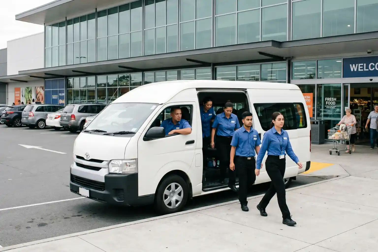 Employees in blue uniforms exit a white van parked in front of a grocery store entrance.