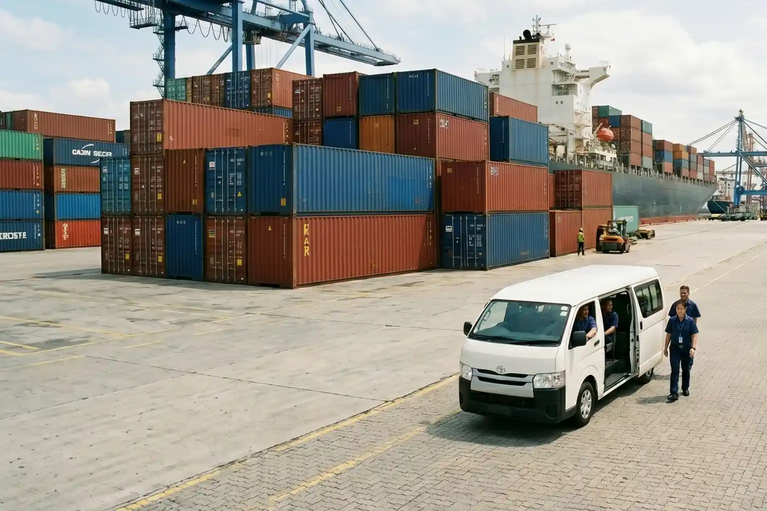 Shipping port with stacked containers, cargo ship, workers, and a white van on paved dock.
