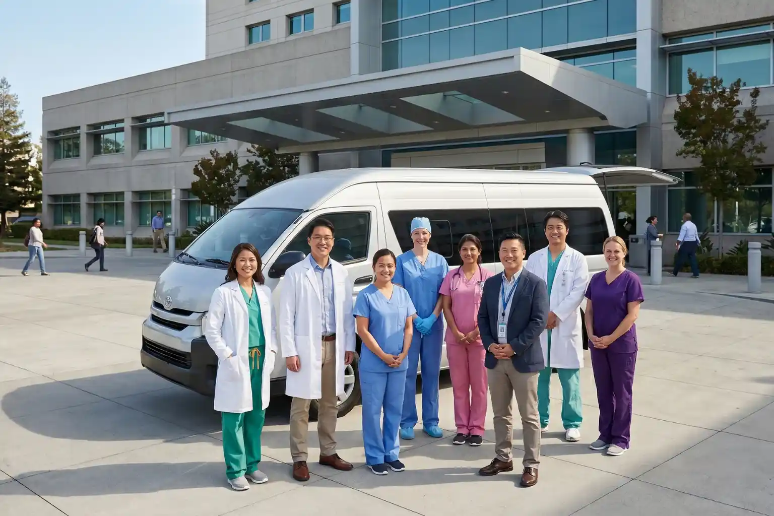 Diverse healthcare team stands in front of a white medical transport van outside a modern building.