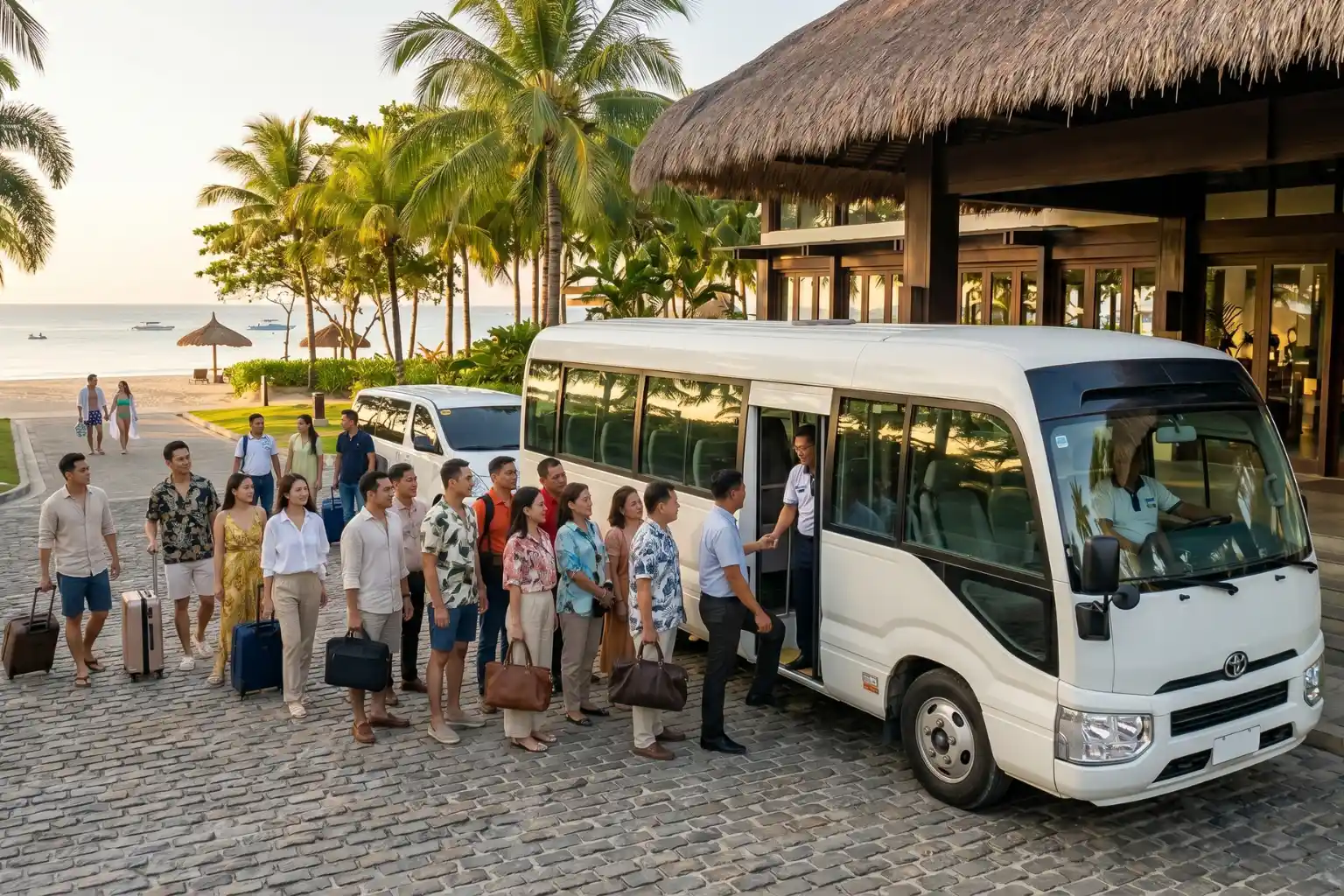 Group of travelers with luggage boarding a white shuttle bus at a tropical resort entrance.