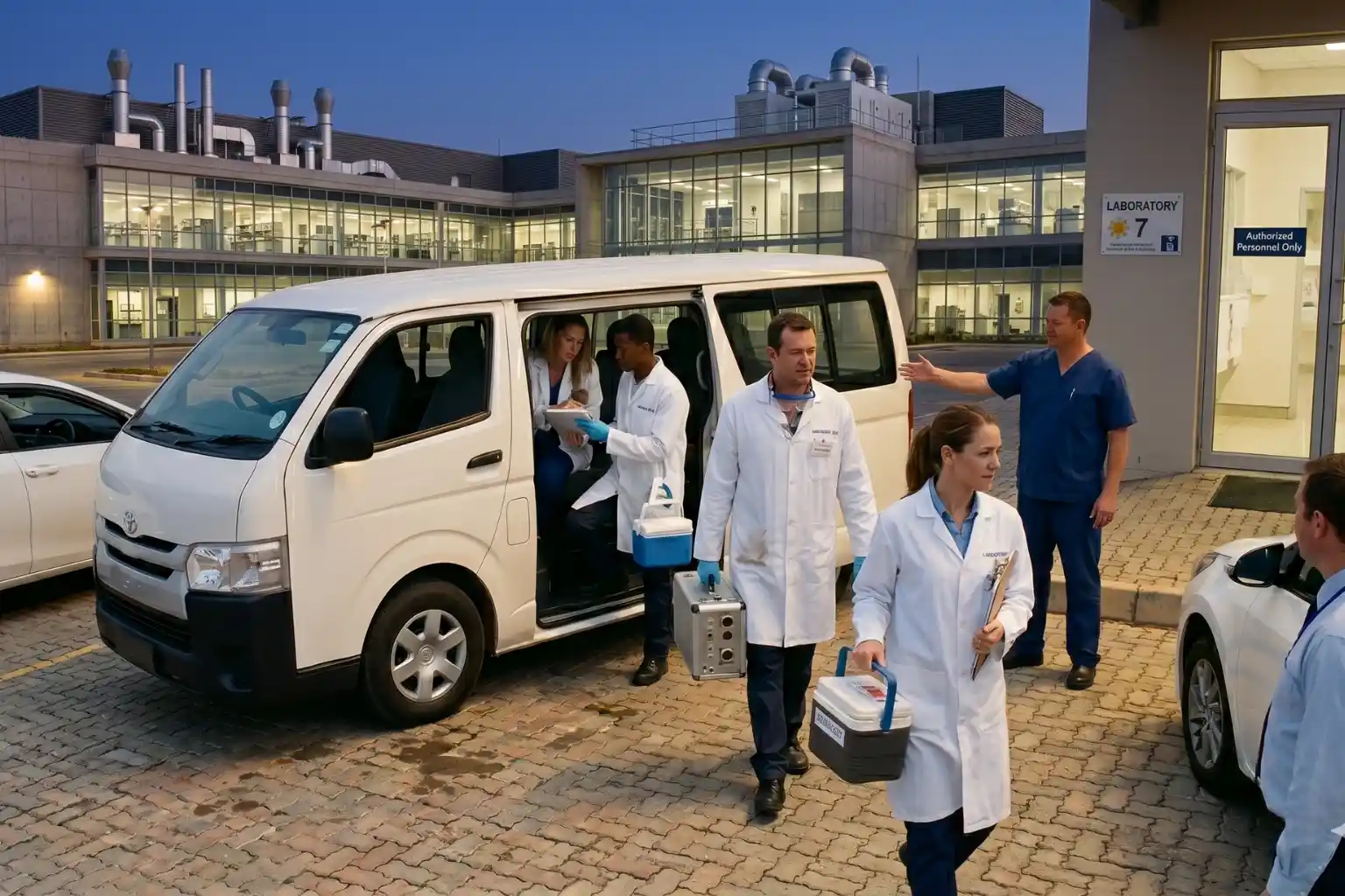 Medical team in lab coats unloading equipment from a white van outside a large laboratory building at dusk.