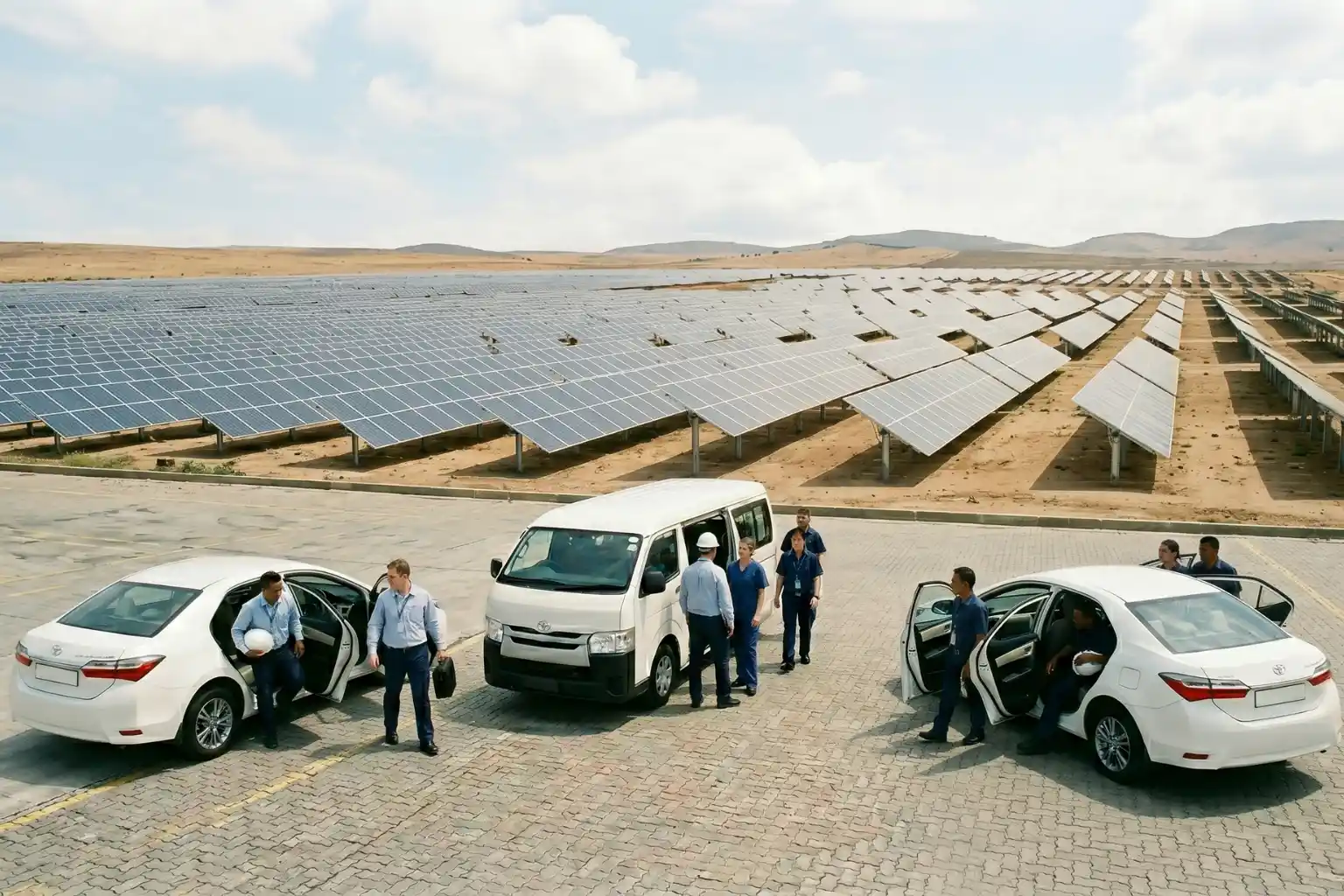 Workers in safety gear by cars and van near large solar panel farm in a dry, hilly area.