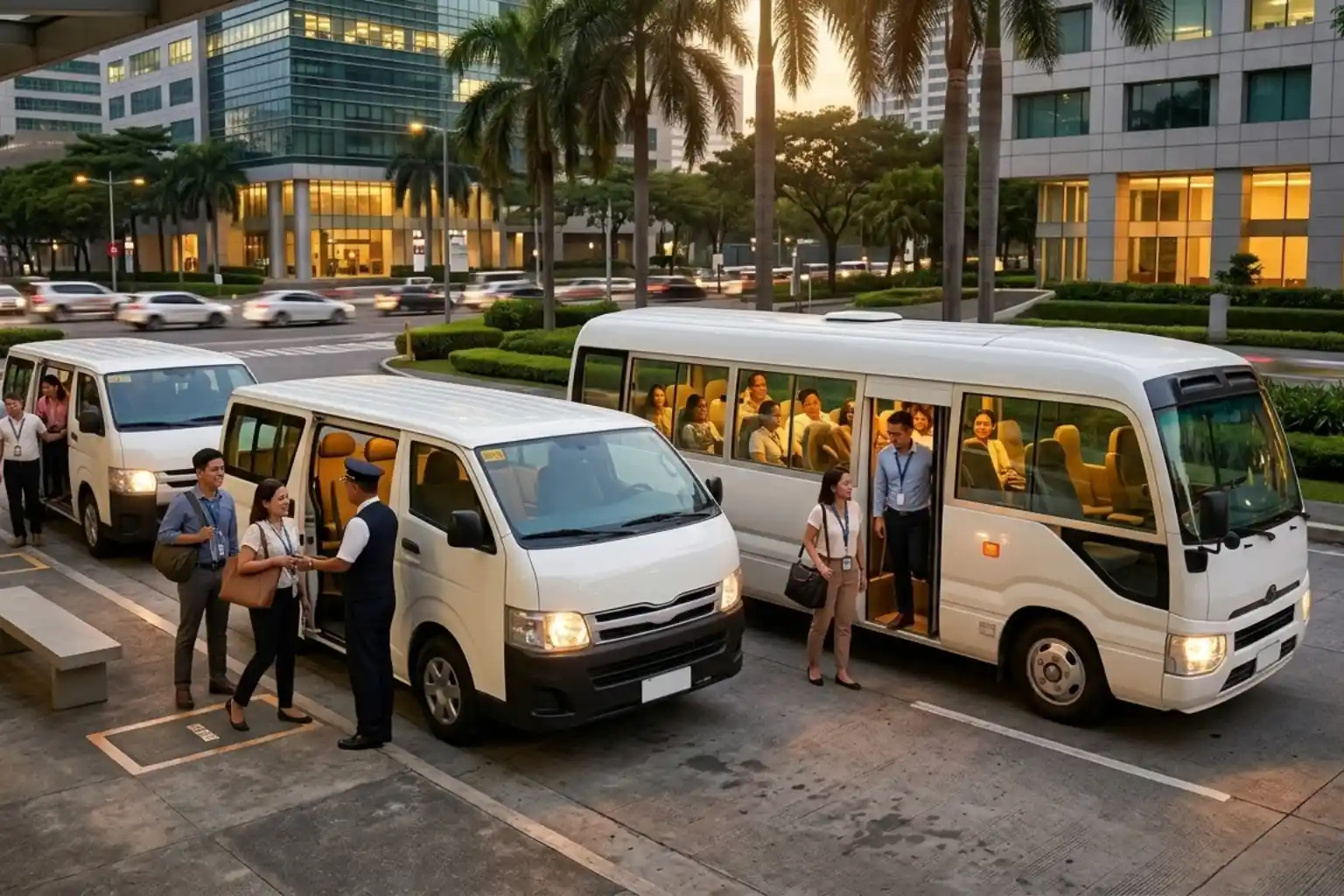 Employees boarding white shuttle vans at a curbside in an urban area during evening.