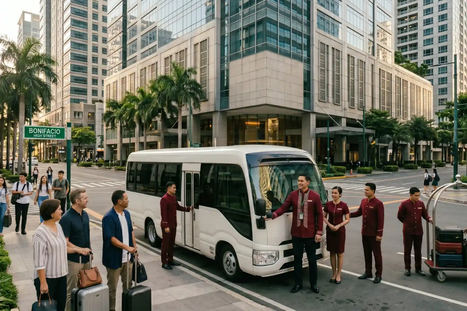 Hotel staff in uniform greeting guests with luggage by a white shuttle bus on a city street.