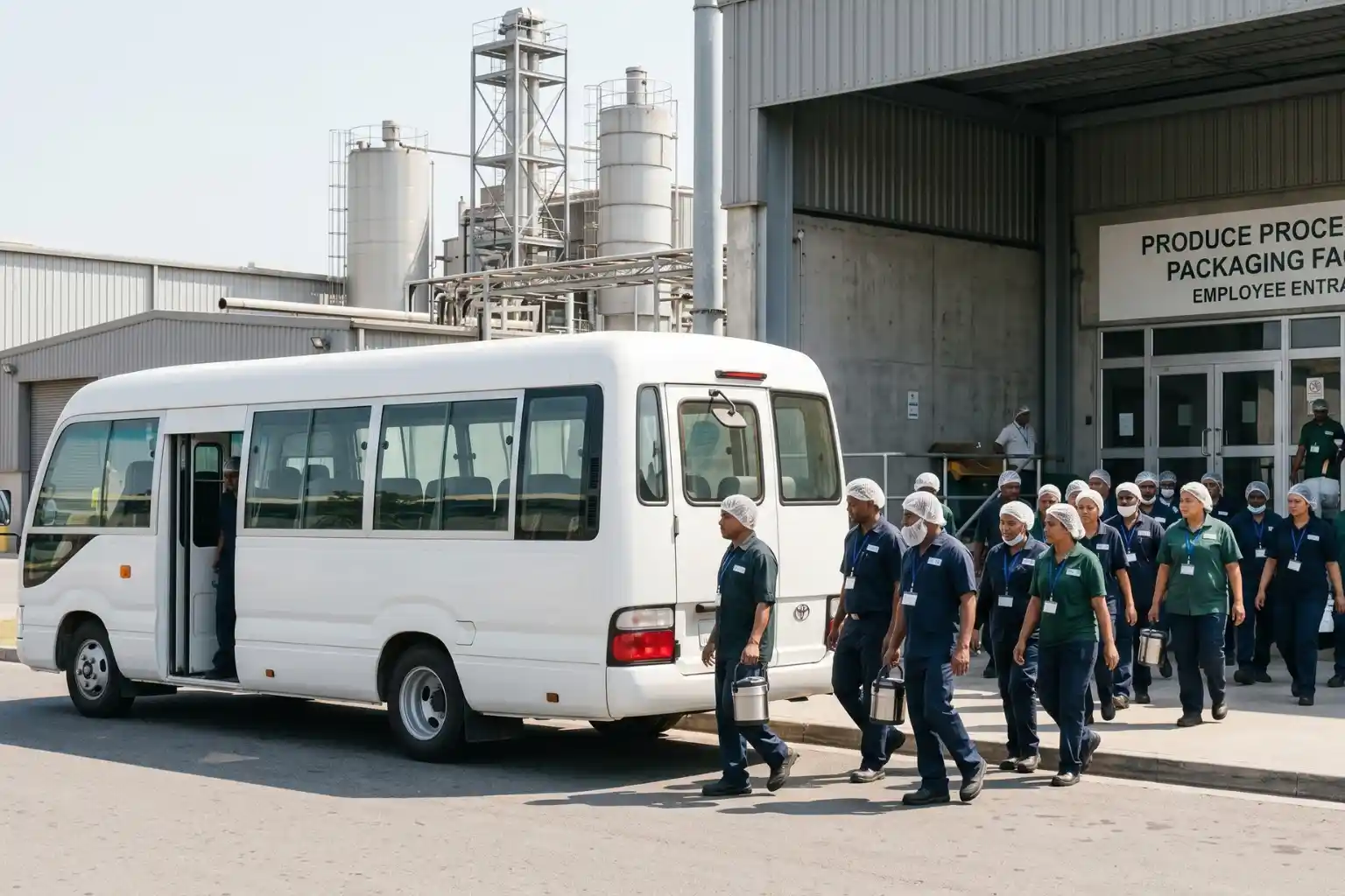 Factory workers in uniforms and hairnets walking outside a produce processing packaging facility by a white shuttle bus.